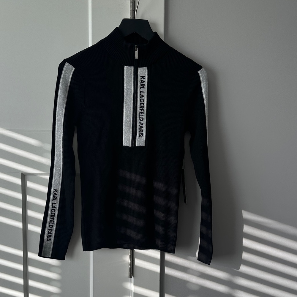 NWT Karl Lagerfeld Black and White Zip Up Sweater. Online currently